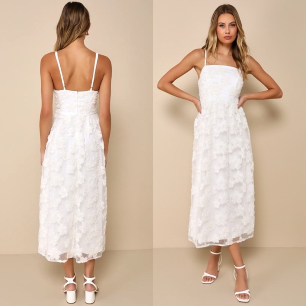 Lulu's White Floral Appliqué Midi Dress